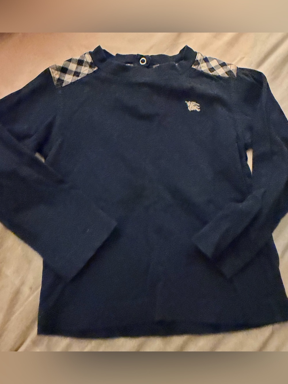 Burberry | Toddler Navy Blue Long-Sleeve with Shoulder Plaid Detail